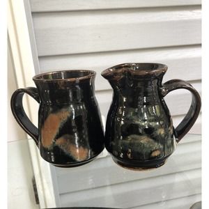 Beautiful Set Of Hand Thrown Black/Brown Mug & Pitcher Signed By Artist EUC